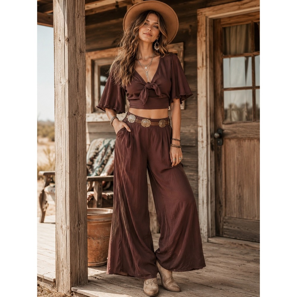 A New Day Womens Large Brown Linen Blend Tie Front Flutter Sleeve Crop Top